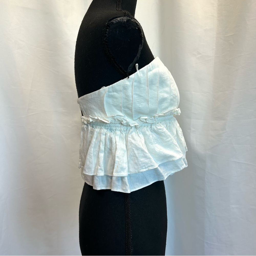 Zara white pleated ruched layered ruffle frill strapless open back top blouse M - Picture 4 of 14